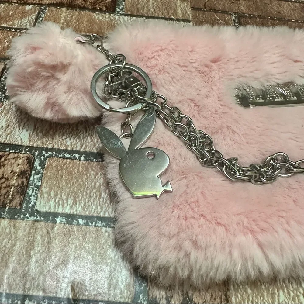 PLAYBOY Pink Fur Clutch with Silver Accents